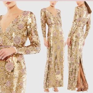 MAC DUGGAL Gold Sequin Gown with Pink Accents
